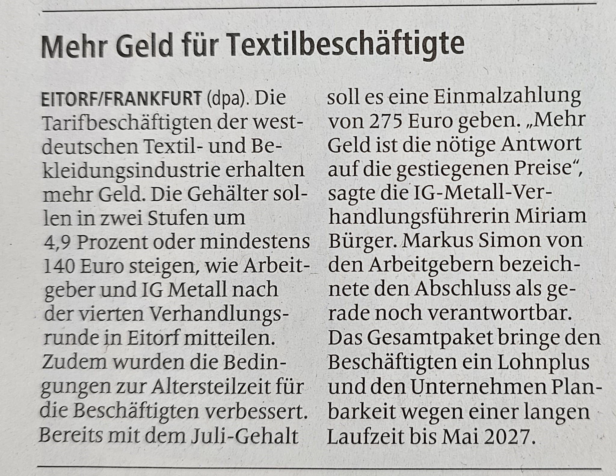 Zeitungsartikel Textil- und Bekleidung 2024/2025