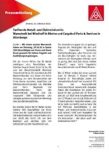 Pressemitteilung Warnstreik Windhoff